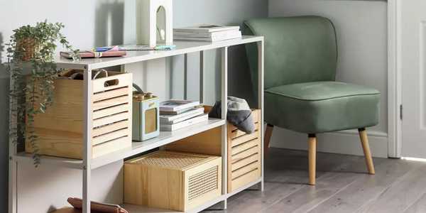 Habitat Deon short metal bookcase with wooden cube boxes in it. 